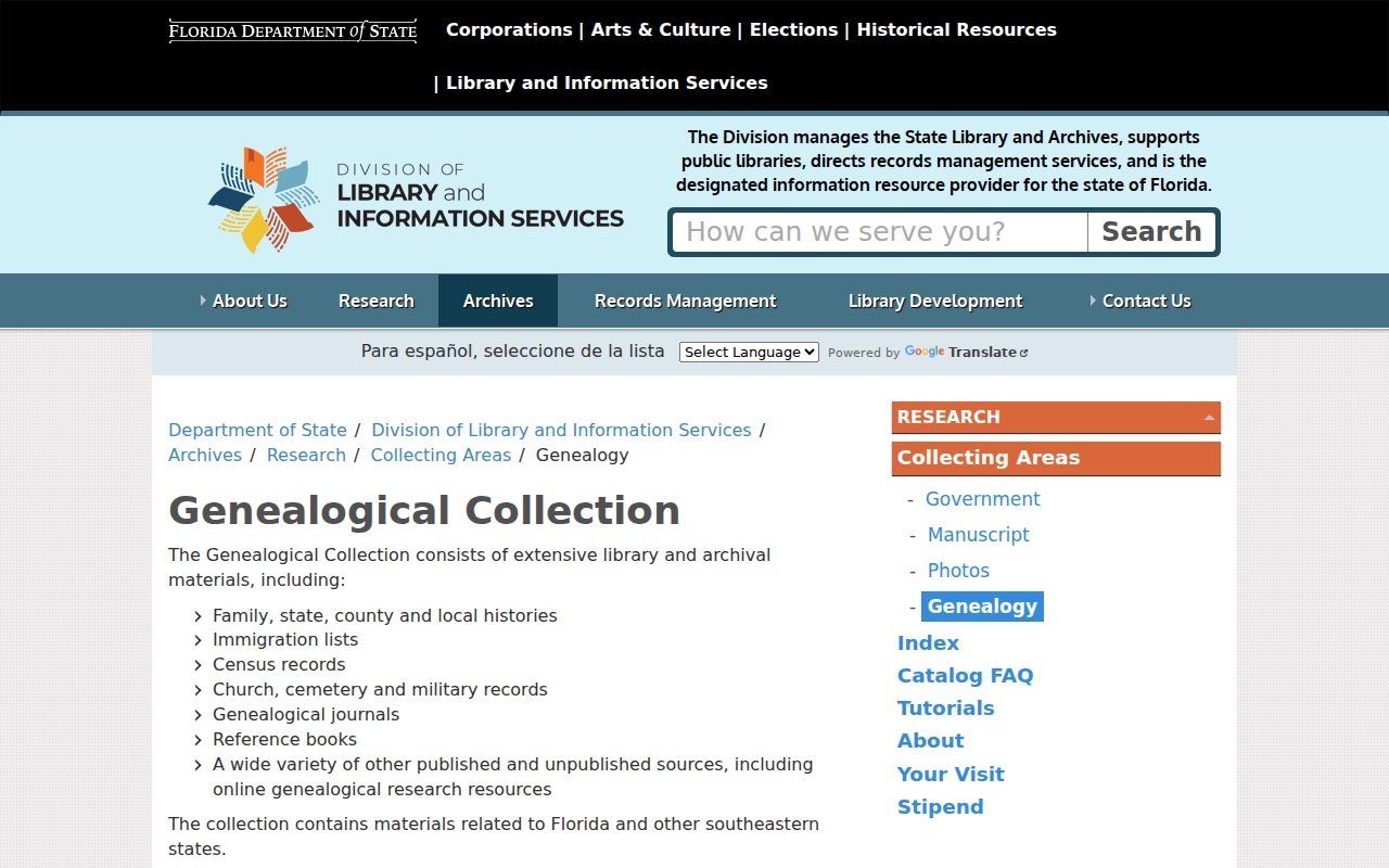 Florida State Archives genealogy collection access page