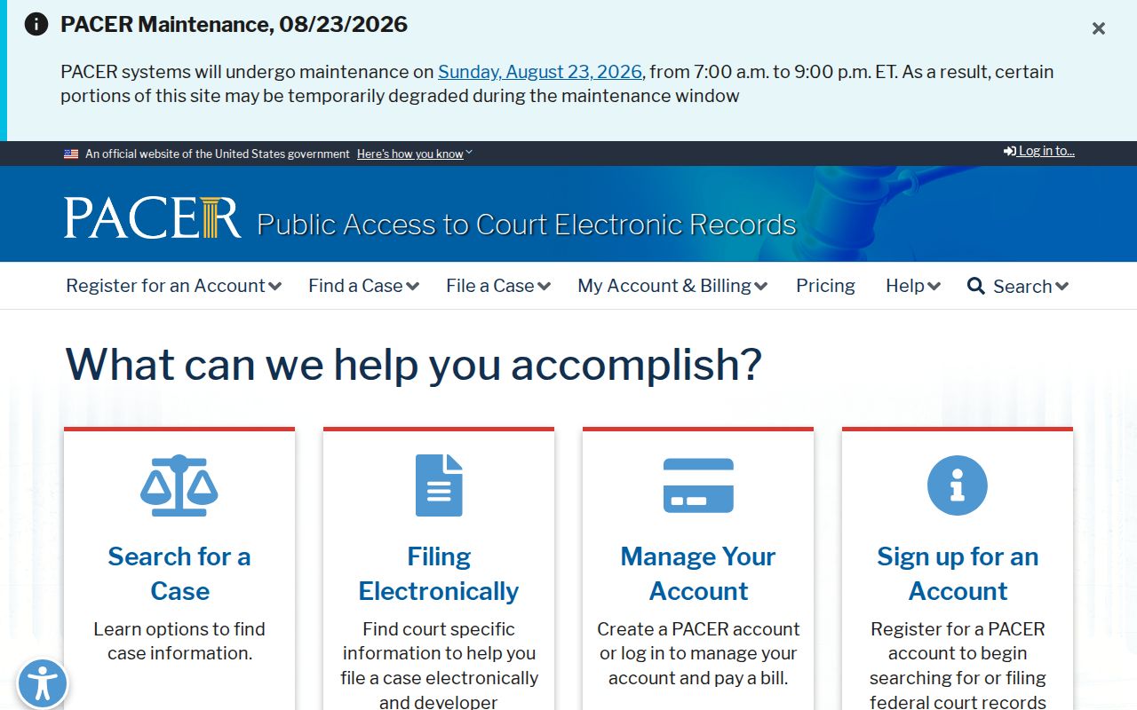 PACER federal court records search and account page