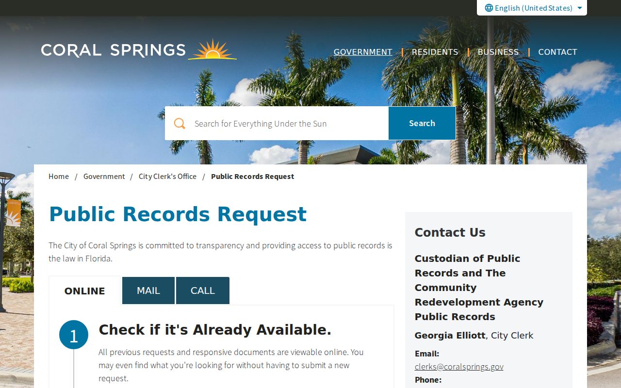 Coral Springs residents directory city records request