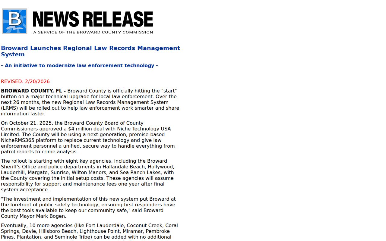 Broward records modernization announcement relevant to Coral Springs agencies