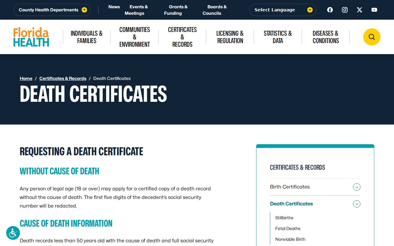 Florida death certificate options for previous resident research