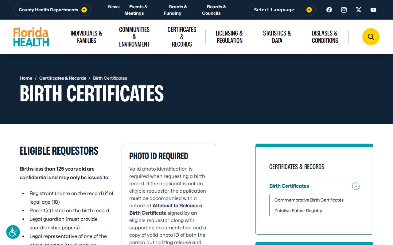 Florida birth certificate access rules for family history research