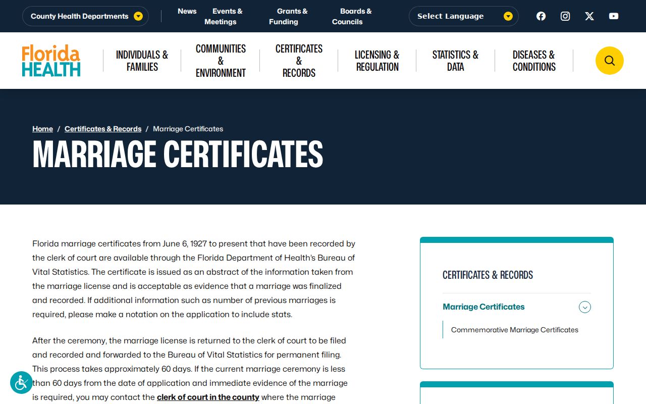 Florida marriage certificate information used to cross-check past residents