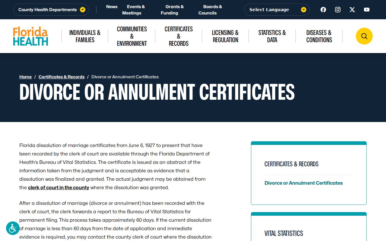 Florida divorce certificate information for previous resident research