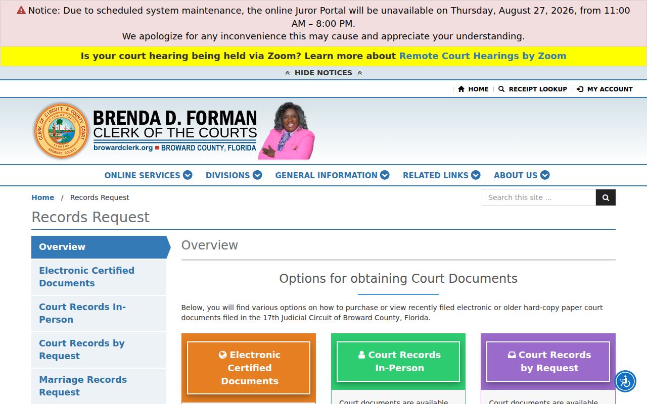 Broward Clerk records request for Coral Springs address history