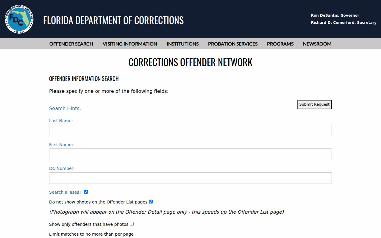Florida Department of Corrections offender search form