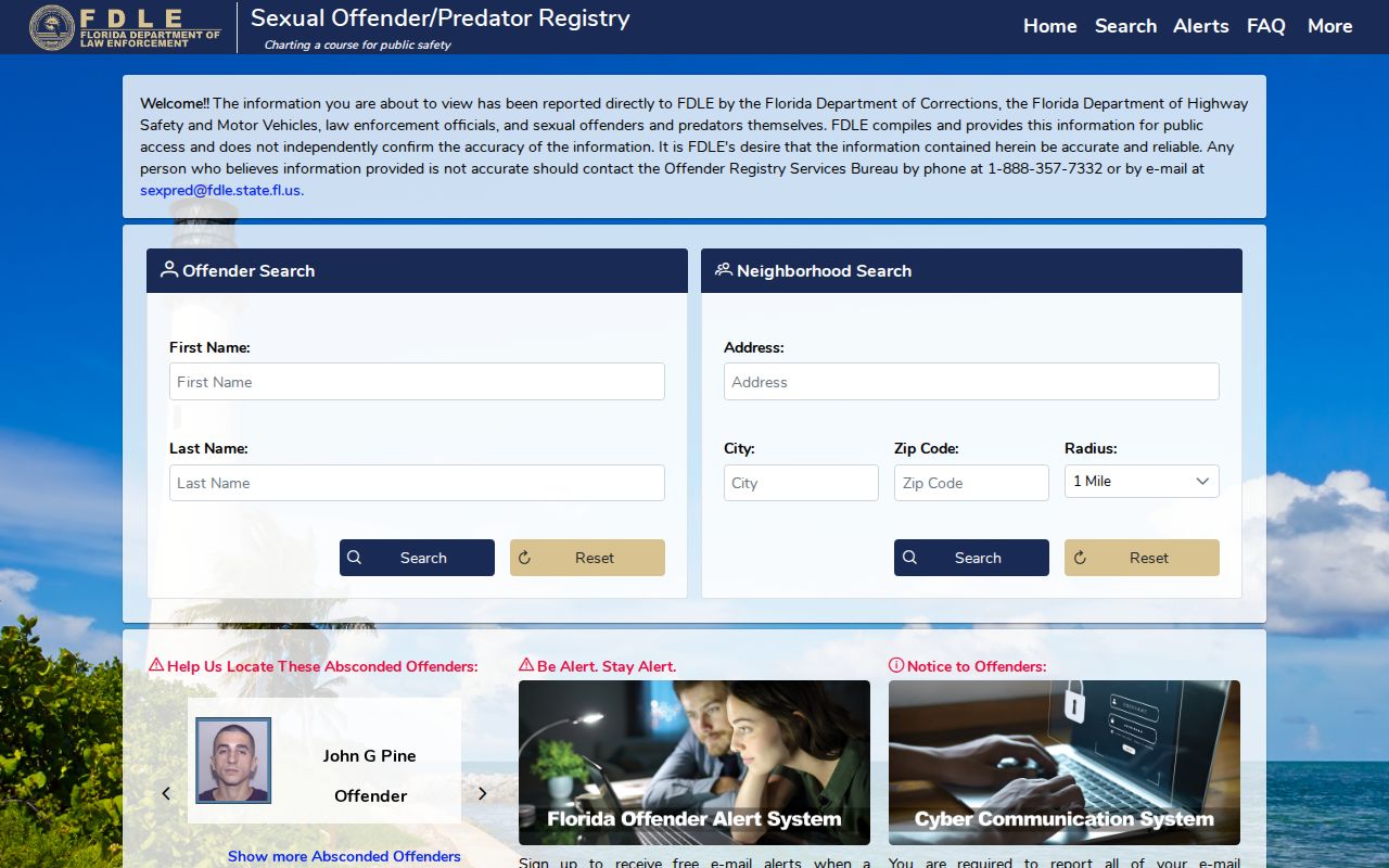 Florida offender and predator registry search page