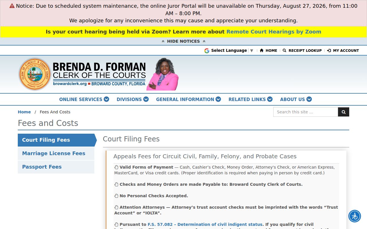 Broward Clerk fees page referenced during Coral Springs address research