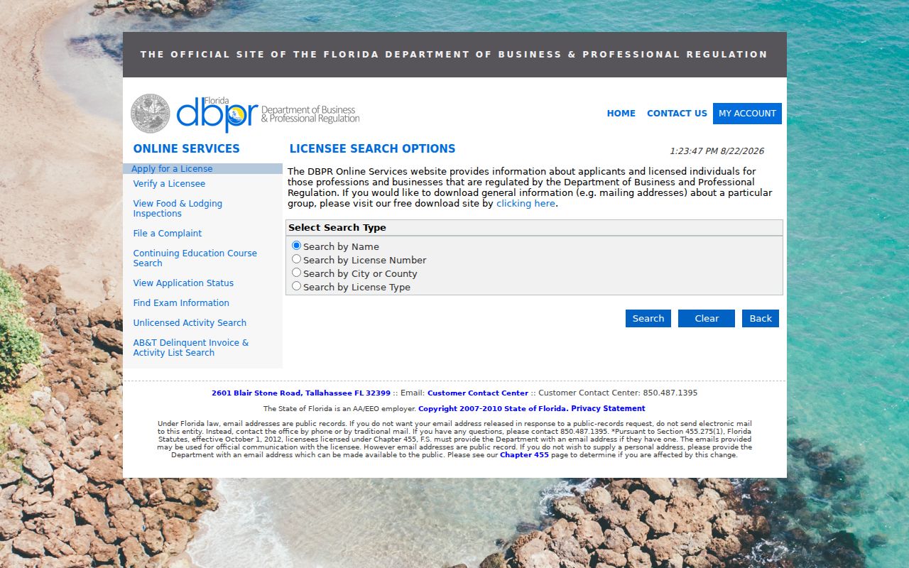 Florida DBPR license search for Coral Springs ZIP and city affiliations