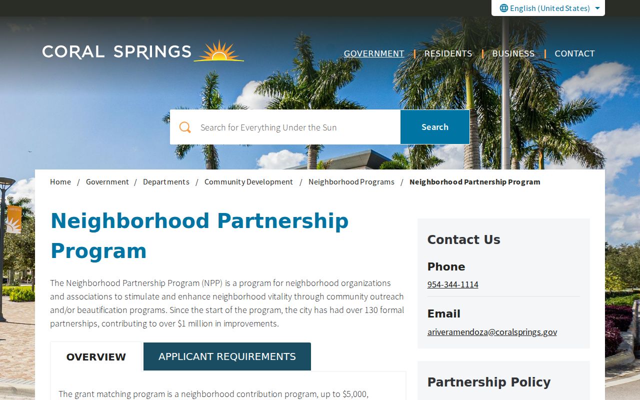 Coral Springs Neighborhood Partnership Program information by community area